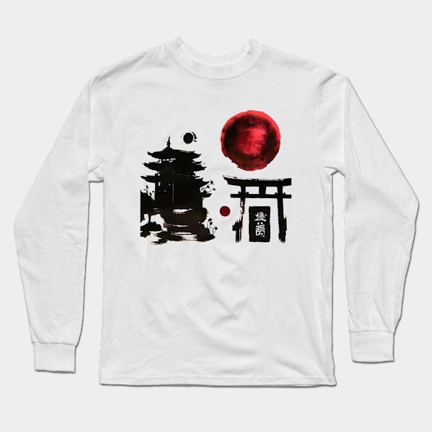 Shinto shrines with Japanese ink Long Sleeve T-Shirt by Deartexclusive